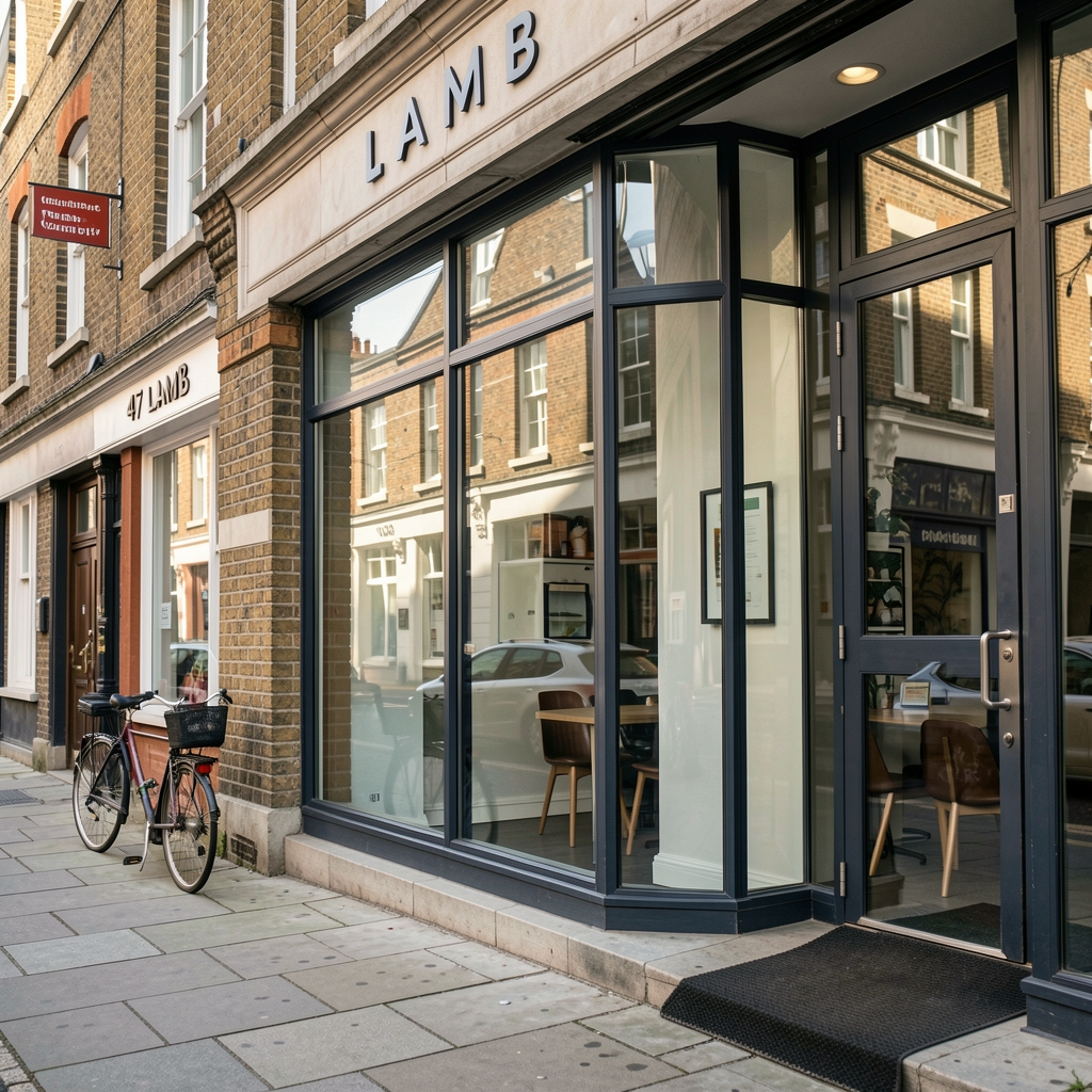 The editorial office at 53 Wigmore Street, London — a quiet workspace with pale walls, wooden shelving, and natural light from a street-facing window