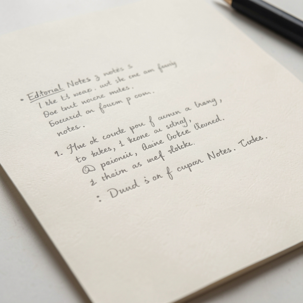 Close-up of editorial notes with pencil annotations on cream paper, considered composition under soft natural light