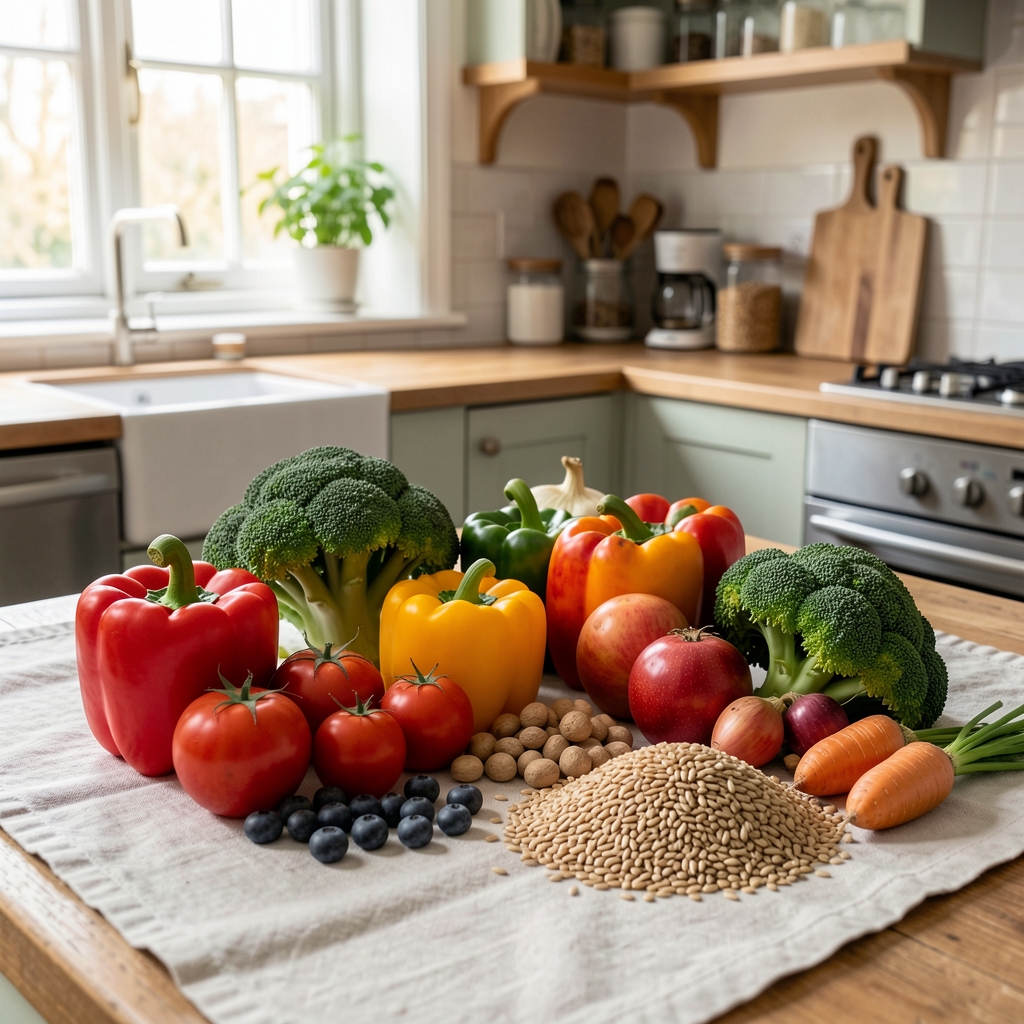 Colourful seasonal vegetables and whole grains arranged on a pale linen cloth in a London kitchen, morning natural light