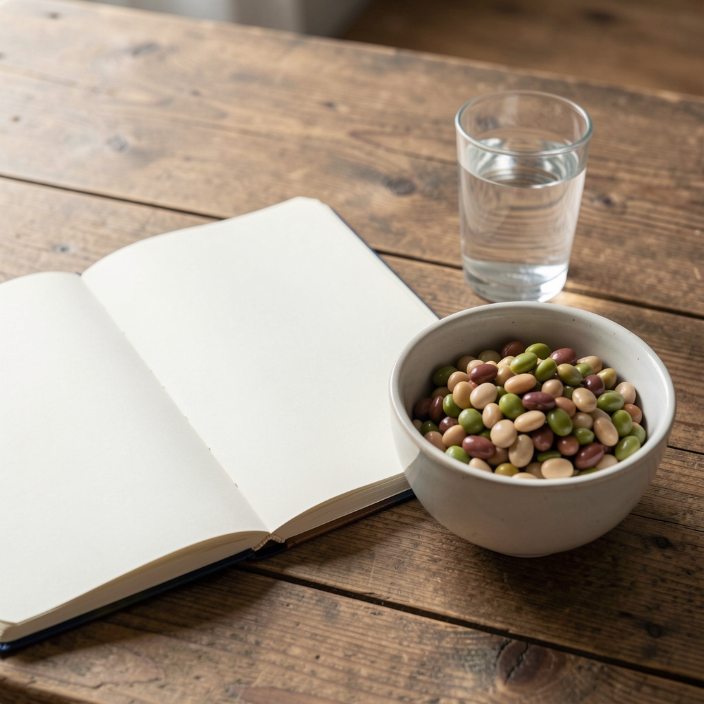Open notebook beside a bowl of legumes and a glass of water on a wooden table, considered composition in soft daylight
