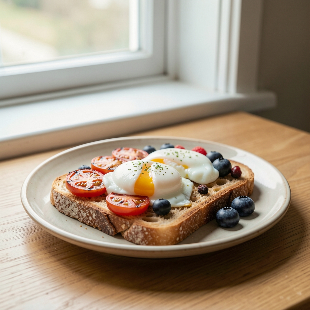 Weekend breakfast of poached eggs on sourdough bread with grilled tomatoes and fresh berries on a pale ceramic plate, morning window light