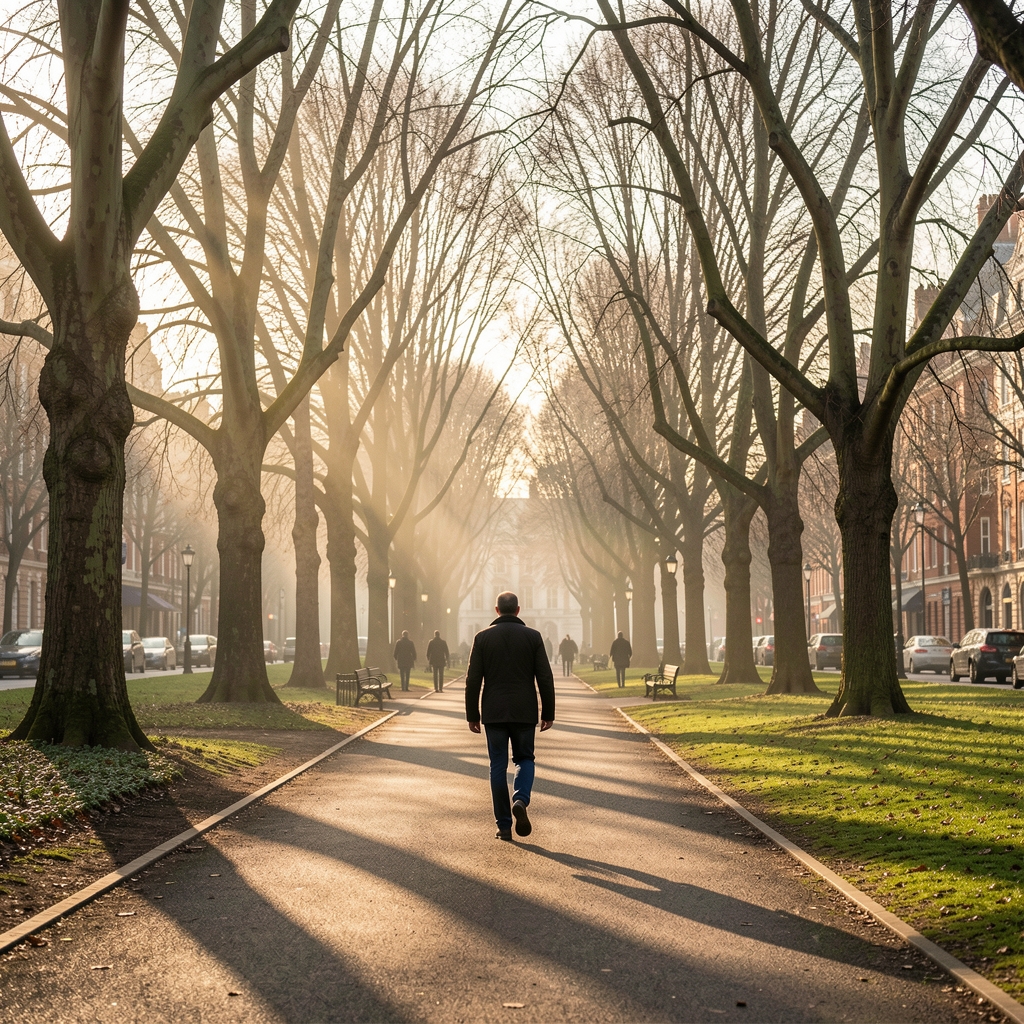 Early morning walking path through a London park with dappled light through bare trees, a solitary figure moving at a measured pace in spring morning light