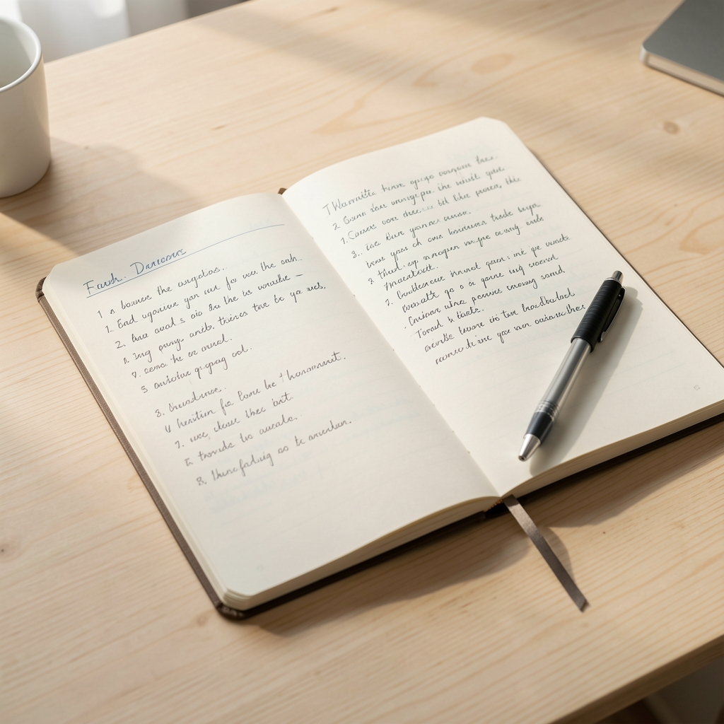 Open notebook with handwritten field notes on a pale wooden desk under soft natural light, pen resting on the page